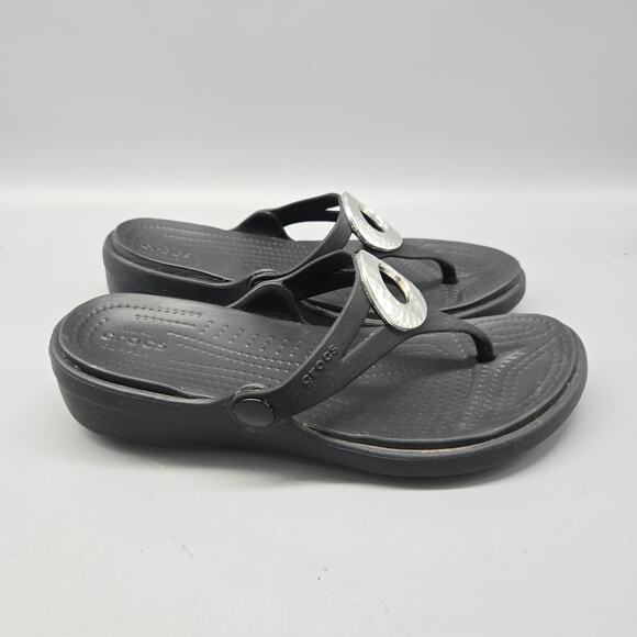 Crocs Sanrah Hammered Circle Slide Sandal Women's Size 6 Black/Silver - Picture 5 of 12